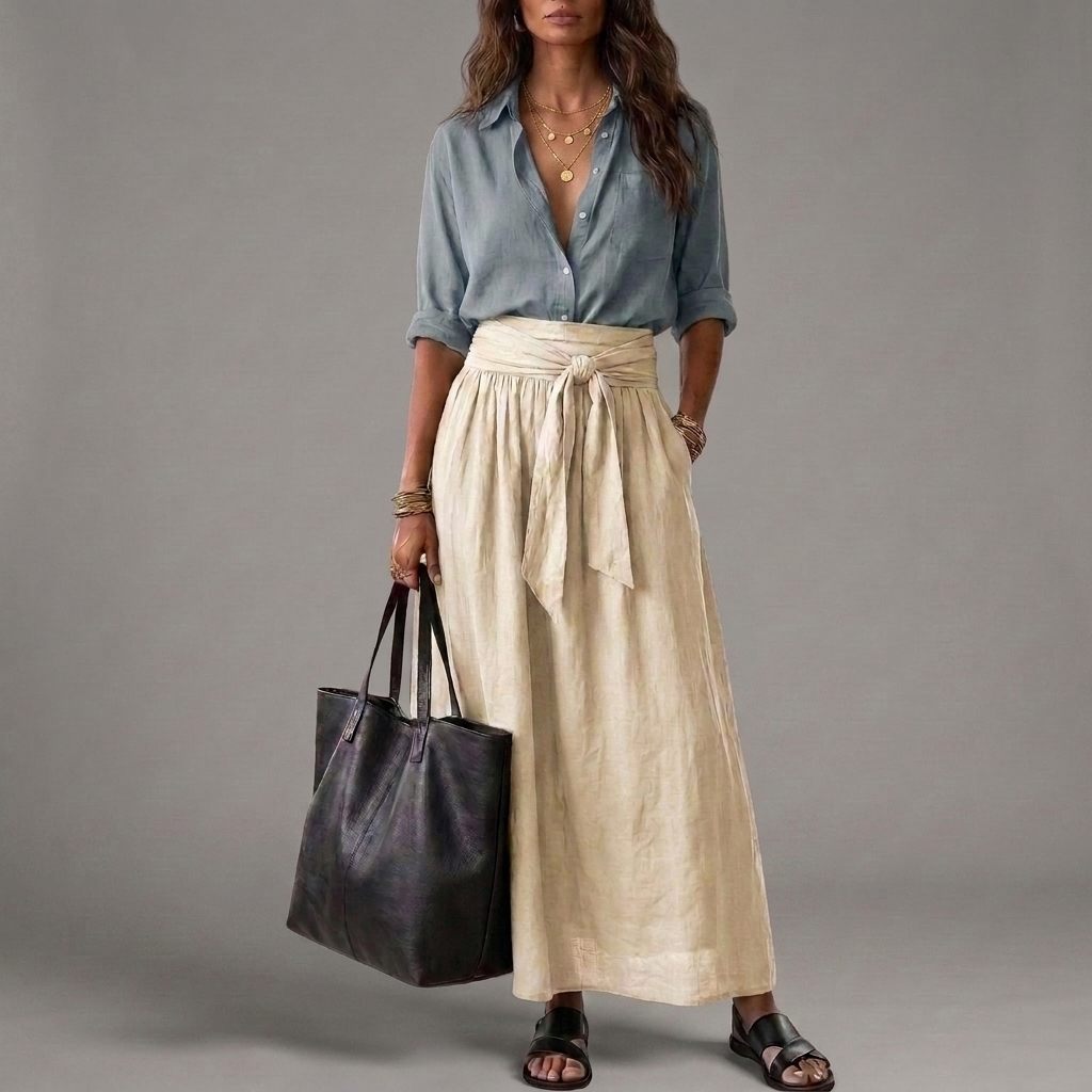 Malena | Conjunto de Dos Piezas: Blusa Negra y Falda Midi Verde Oliva