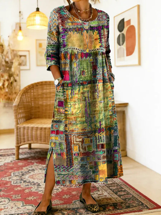 Celeste | Vestido con Patchwork Étnico