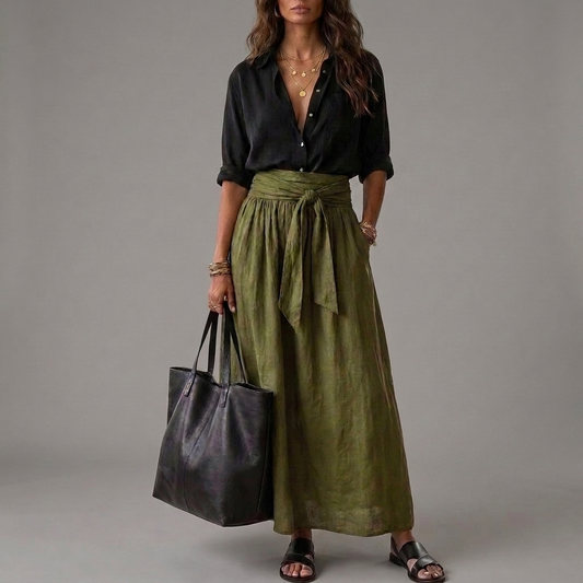 Malena | Conjunto de Dos Piezas: Blusa Negra y Falda Midi Verde Oliva